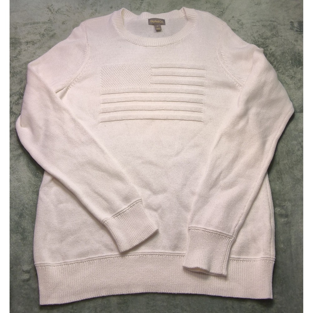 Style & Co Womens White American Flag Knit Sweater Size M Crew Neck Long Sleeve